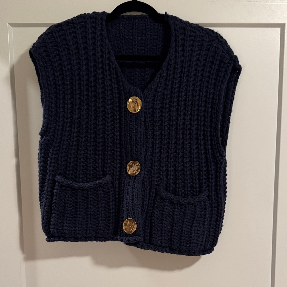 Navy Chunky Knit Vest with Gold Buttons